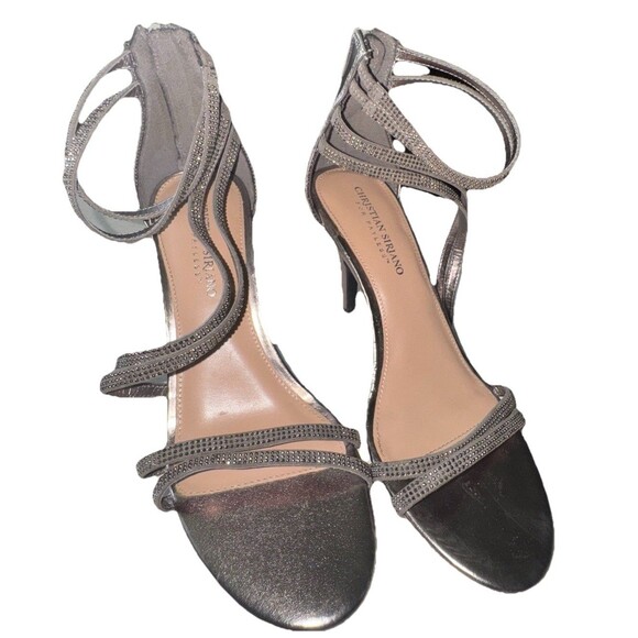 CHRISTIAN SIRIANO Silver SPARKLE Zip Back Stiletto STRAPPY High Heels Size 9 - Picture 1 of 7